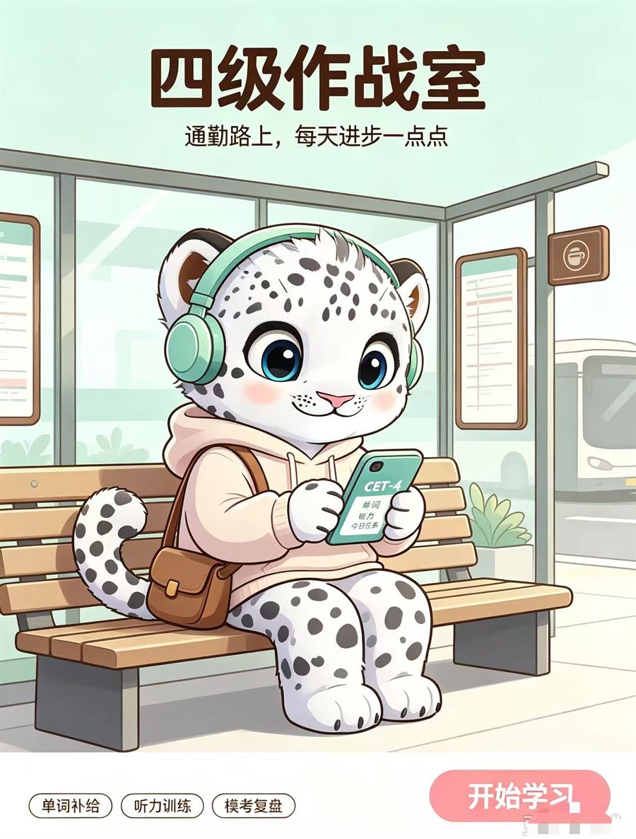 通勤场景海报：雪豹在公交站台学英语